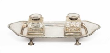 EDWARD VII SILVER AND CUT GLASS INK STAND, Thomas Edward Atkins, Birmingham 1907, with beaded rims