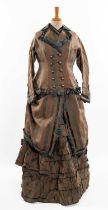 VICTORIAN BROWN & GREEN STRIPED WALKING DRESS, comprising double breasted jacket, double breasted