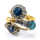 THREE GOLD RINGS comprising 18ct gold blue topaz ring, 18ct gold sapphire and diamond cluster