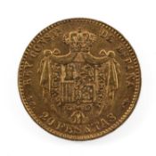 KING ALFONSO XIII SPANISH 20 PESETAS GOLD COIN, 1890, 6.4gms Provenance: private collection