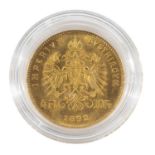 AUSTRIAN FRANZ JOSEPH 14 FLORIN / 10 FRANCS GOLD COIN, 1892, restrike, 3.2gms Provenance: private