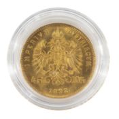 AUSTRIAN FRANZ JOSEPH 14 FLORIN / 10 FRANCS GOLD COIN, 1892, restrike, 3.2gms Provenance: private
