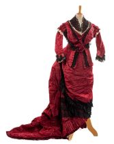 GOOD VICTORIAN BURGUNDY WATERED SILK DRESS, comprising bodice, sleeved jacket and skirt, all with