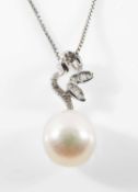 18CT WHITE GOLD PEARL & DIAMOND PENDANT, on 18ct white gold chain, 3.6gms, in Rodney Phillips of