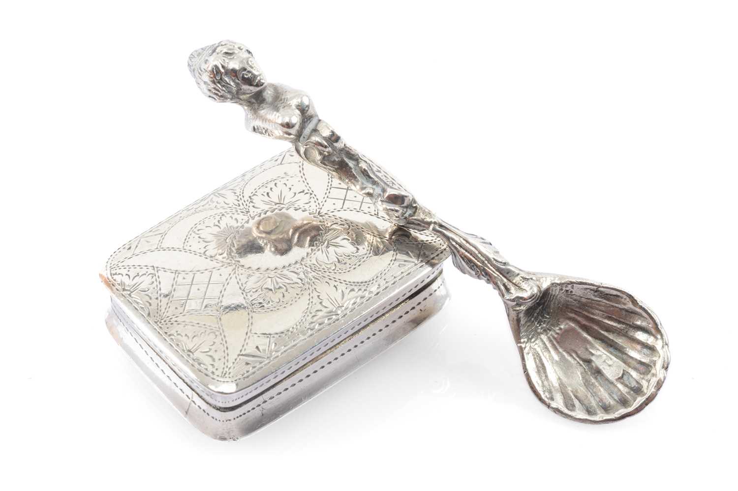 WILLIAM IV SILVER VINAIGRETTE & VICTORIAN CONDIMENT SPOON, engraved vinaigrette of cushion form by