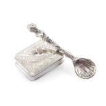 WILLIAM IV SILVER VINAIGRETTE & VICTORIAN CONDIMENT SPOON, engraved vinaigrette of cushion form by