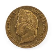 KING LOUIS PHILIPPE I GOLD 20 FRANCS COIN, 1847, 6.4gms Provenance: private collection Monmouthshire