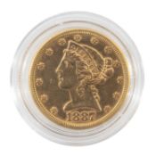 USA $5 FIVE DOLLAR GOLD COIN, 1887, Liberty head, 8.3gms Provenance: private collection Cardiff