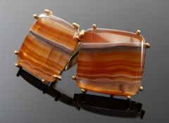 PAIR OF 18K GOLD SQUARE CUFFLINKS, set with banded agate, 22.0gms gross, in Mann jewellers box