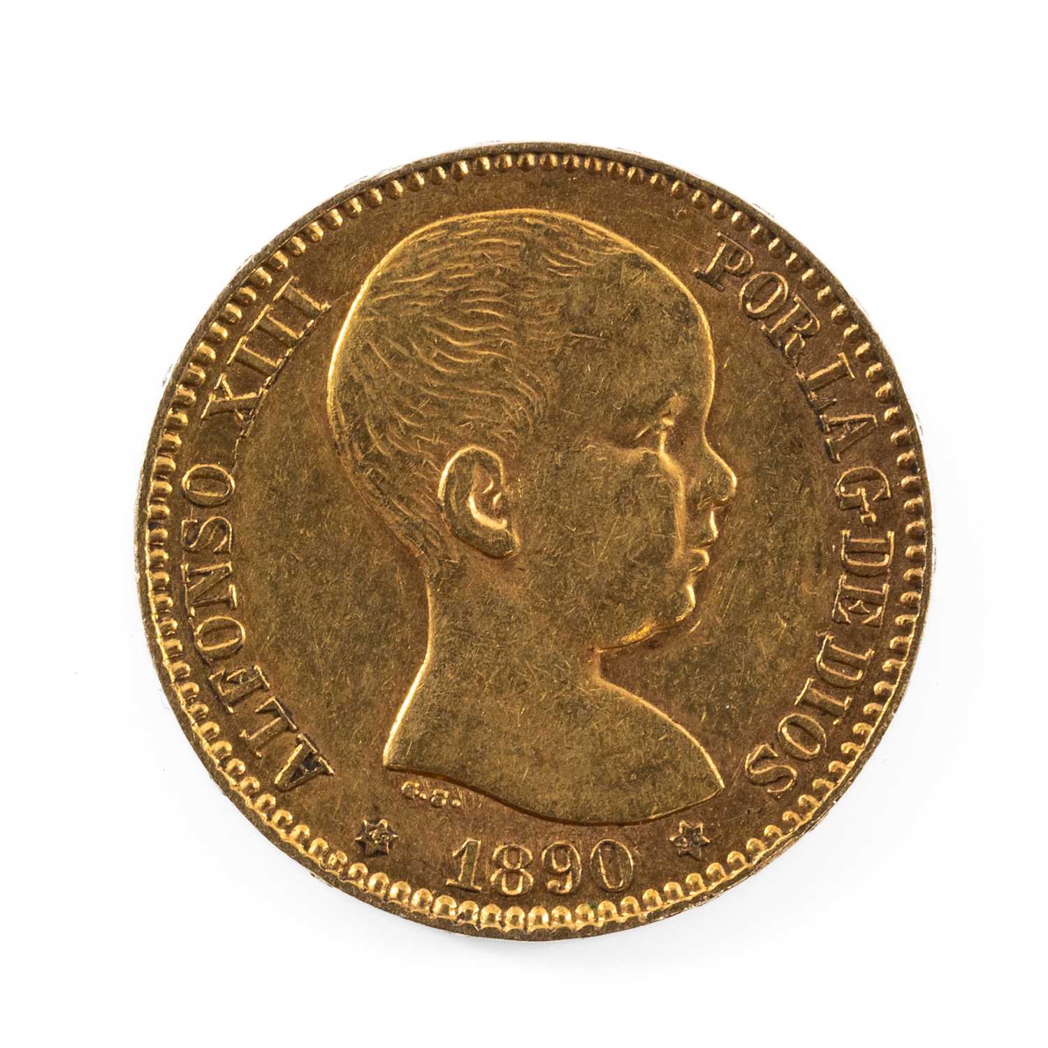 KING ALFONSO XIII SPANISH 20 PESETAS GOLD COIN, 1890, 6.4gms Provenance: private collection - Image 2 of 2