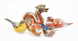 FIVE CROWN DERBY BONE CHINA ANIMAL PAPERWEIGHTS, all with gilt buttons, including dragon,