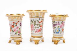 SET OF THREE ENGLISH PORCELAIN SPILL VASES, possibly Coalport or Spode, tapering circular with