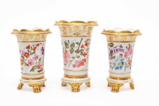 SET OF THREE ENGLISH PORCELAIN SPILL VASES, possibly Coalport or Spode, tapering circular with