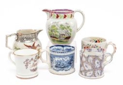 19TH C. SWANSEA MUGS & JUGS, including blue and white Ottoman pattern, Lazuli pattern, and gaudy