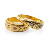 TWO GOLD RINGS comprising 18ct gold three stone diamond chip ring together with an 18ct gold