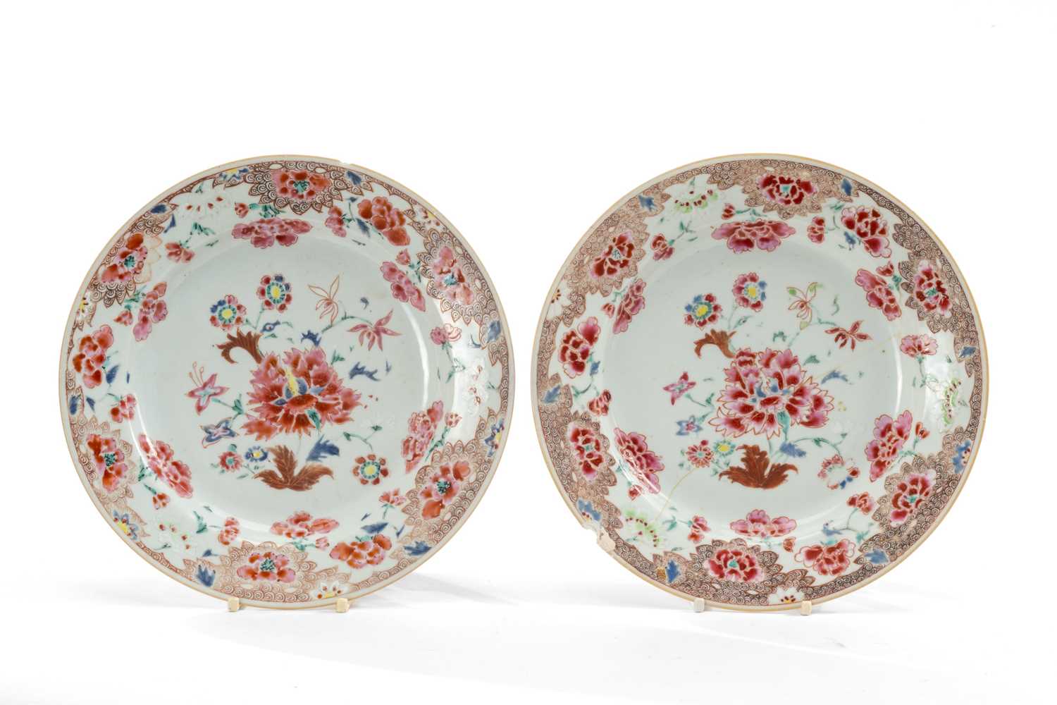 THREE CHINESE FAMILLE ROSE DISHES, Qianlong, comprising pair of plates painted with peony and - Image 2 of 6