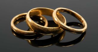 THREE 22CT GOLD WEDDING BANDS, 15.8gms gross (3) Provenance: deceased estate Gwynedd Comments: