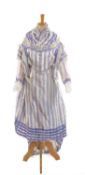 VICTORIAN STRIPED MAUVE & WHITE SILK DAY DRESS, with buttoned over boddice with tabs, sleeved bodice