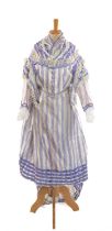 VICTORIAN STRIPED MAUVE & WHITE SILK DAY DRESS, with buttoned over boddice with tabs, sleeved bodice