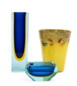 STUDIO GLASS: Murano 'sommerso' square section vase, 26.5cms (h), Murano ashtray 12.5cms (w), and
