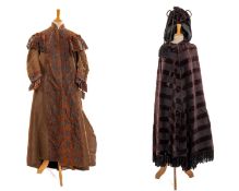 VICTORIAN BROWN COAT, with later brown and grey croched trim, and a BROWN CHENILLE STRIPED CAPE,
