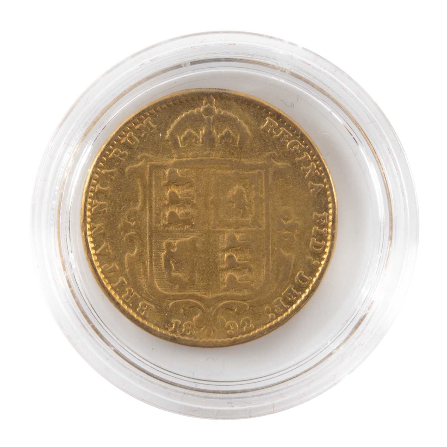 VICTORIA 'SHIELDBACK' GOLD HALF SOVEREIGN, 1892, jubilee head, capsule, 3.9g Provenance: private