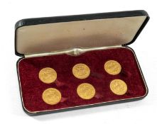 CASED SET OF SIX SOVEREIGNS, comprising three Victorian sovereigns 1886 (young head), 1889 (