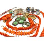 ASSORTED JEWELLERY  comprising various coral jewellery, loose citrine stones, two green hardstone