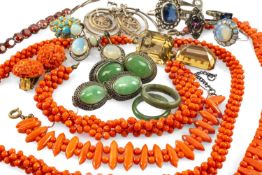 ASSORTED JEWELLERY  comprising various coral jewellery, loose citrine stones, two green hardstone