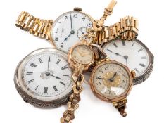 FIVE WATCHES, comprising 9ct gold Gent's Swiss J W Benson 15J wristwatch, 32mm diam, 9ct gold