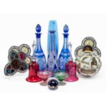 ASSORTED COLOURED GLASSWARE, including pair blue flashed decanters and a carafe, 3x minaiture lead