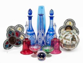 ASSORTED COLOURED GLASSWARE, including pair blue flashed decanters and a carafe, 3x minaiture lead