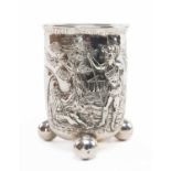 19TH C. GERMAN SILVER REPOUSSE BEAKER, London Import Hallmarks 1895, probably Hanau, decorated in