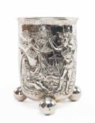 19TH C. GERMAN SILVER REPOUSSE BEAKER, London Import Hallmarks 1895, probably Hanau, decorated in
