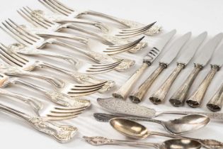 GROUP OF SILVER FLATWARE including set of six matched George IV silver forks, London 1828 / 1834,