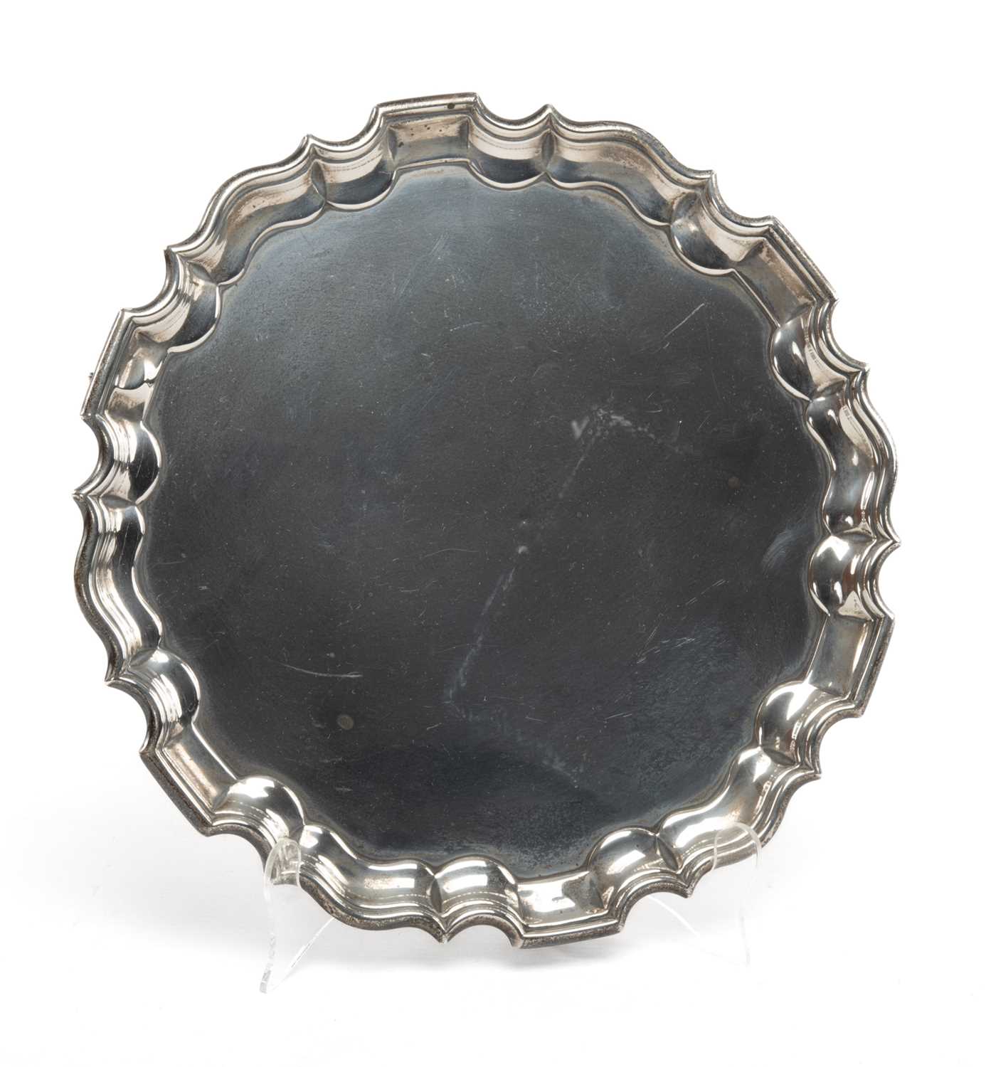 VICTORIAN SILVER SALVER, Thomas Bradbury & Sons, London 1893, piecrust form on three scrolled