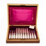 VICTORIAN MOTHER-OF-PEARL HANDLED FRUIT SET, twelve fork and knives, each engraved with initial 'B',