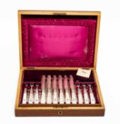 VICTORIAN MOTHER-OF-PEARL HANDLED FRUIT SET, twelve fork and knives, each engraved with initial 'B',