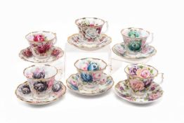 SIX ROYAL ALBERT 'SUMMER BOUNTY' CUPS & SAUCERS, comprising one of each, Jade, Pearl, Amethyst,