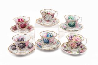 SIX ROYAL ALBERT 'SUMMER BOUNTY' CUPS & SAUCERS, comprising one of each, Jade, Pearl, Amethyst,