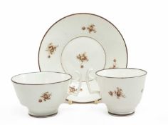 SWANSEA PORCELLAIN TRIO, brown painted scattered rose and summer flower spray, comprising London