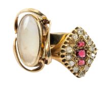 TWO GOLD RINGS comprising 18ct gold ruby and diamond cluster ring, together with a 9ct gold opal