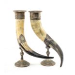 PAIR VICTORIAN HIGHLAND COW HORN CUPS/VASES, mounted in engraved electroplated rims and and pedestal