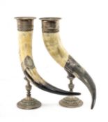 PAIR VICTORIAN HIGHLAND COW HORN CUPS/VASES, mounted in engraved electroplated rims and and pedestal