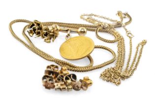 GROUP OF GOLD JEWELLERY comprising South African 1/2 Pond 1895 cufflink, 2 x 9ct gold chains and