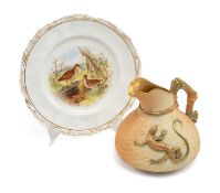 ROYAL WORCESTER PLATE & JUG, comprising dessert plate painted with two snipe in the style of