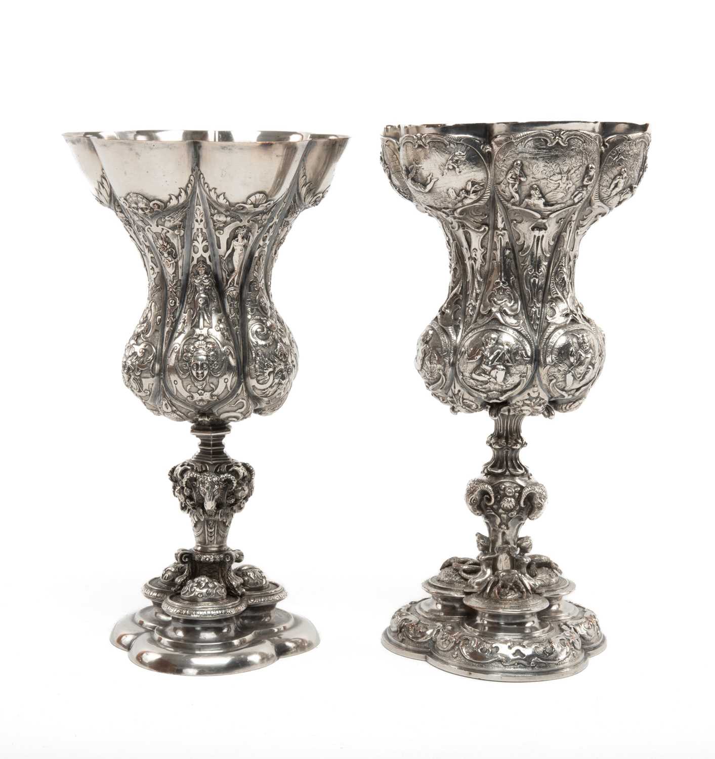 TWO ELECTROTYPE NUREMBURG 'MASTERPIECE' COLUMBINE CUPS, facsimiles of the 16th C. originals in the