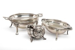 VICTORIAN ELECTROPLATED SPOON WARMER & BREAKFAST DISHES, the warmer modelled as a nautillus shell on