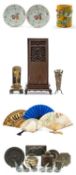 ASSORTED ASIAN COLLECTABLES including FOUR LADIES FANS, comprising Chinese blue silk fan (boxed),