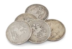 FIVE GEORGE III SILVER CROWNS, two laureate head, Provenance: private collection Monmouthshire